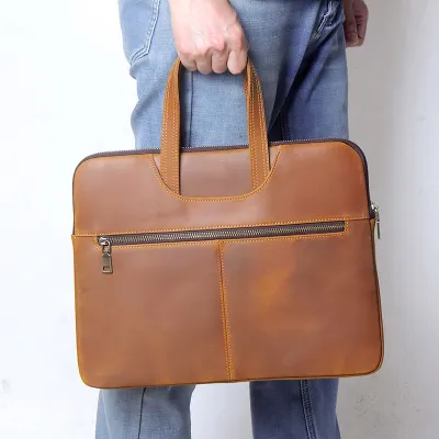 Genuine Crazy Horse Leather Laptop Bag – 15 Inch Zipper Protective Business Office Bag